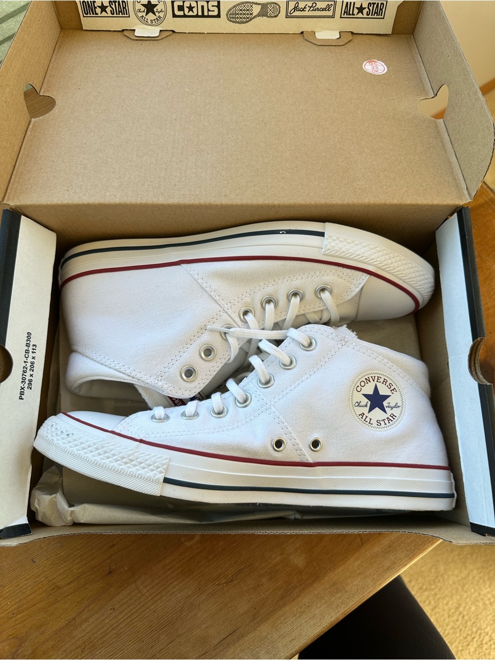 Converse White mid High Top Sneakers with Red & Black Trim